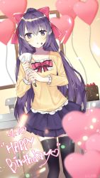 Rule 34 | 1girl, balloon, black thighhighs, bow, cake, chocolate cake, chocolate icing, commission, date a live, dated, food, food on face, frilled shirt, frills, fruit, hair between eyes, hair bow, happy birthday, heart, heart balloon, highres, holding, icing, knees together feet apart, long hair, long sleeves, open mouth, purple eyes, purple hair, purple skirt, red bow, shirt, skirt, solo, standing, strawberry, thighhighs, user uyfr2275, very long hair, yatogami tooka, zettai ryouiki