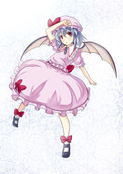Rule 34 | 1girl, :o, arm up, bat wings, blue hair, bow, dress, female focus, full body, gin&#039;ichi (akacia), ginichi, hat, mary janes, red eyes, remilia scarlet, shoes, short hair, slit pupils, solo, standing, standing on one leg, touhou, wings