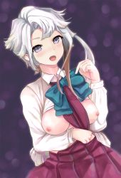 Rule 34 | 1girl, akishimo (kancolle), aqua neckwear, blush, breasts, breasts out, brown hair, highres, himeyamato, kantai collection, long hair, looking at viewer, medium breasts, nipples, open mouth, purple eyes, school uniform, self-upload, shirt, silver hair, smile, solo, white shirt