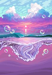 Rule 34 | beach, bubble, cloud, commentary, english commentary, heart, highres, horizon, jubilee (8pxl), landscape, no humans, ocean, original, outdoors, pixel art, purple theme, reflection, reflective water, scenery, sky, sun, sunset, waves