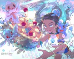 Rule 34 | 1girl, armlet, artist name, belly chain, bike shorts, black hair, blue eyes, blue eyeshadow, blue hair, blue nails, blush, brionne, commentary request, creatures (company), dark-skinned female, dark skin, earrings, eyelashes, eyeshadow, frillish, frillish (female), frillish (male), game freak, gen 3 pokemon, gen 5 pokemon, gen 7 pokemon, gym leader, hair bun, hoop earrings, jewelry, korean commentary, long hair, luvdisc, makeup, mikripkm, multicolored hair, nail polish, necklace, nessa (pokemon), nintendo, open mouth, pokemon, pokemon (creature), pokemon swsh, single hair bun, smile, sparkle, teeth, tongue, two-tone hair, water drop, watermark