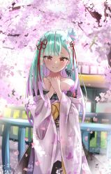 Rule 34 | 1girl, animal print, bare shoulders, blush, bridge, butterfly hair ornament, butterfly print, cherry blossoms, collarbone, derk maxx, dress, earrings, gradient hair, green hair, hair bun, hair ornament, hair ribbon, highres, hololive, hololive fantasy, japanese clothes, jewelry, kimono, long hair, looking at viewer, multicolored hair, off shoulder, pink hair, red eyes, ribbon, side bun, single side bun, smile, solo, streaked hair, uruha rushia, uruha rushia (new year), virtual youtuber