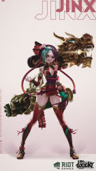 Rule 34 | 1girl, alternate hair color, black hair, breasts, china dress, chinese clothes, dress, firecracker jinx, fireworks, green eyes, green hair, hair ornament, highres, jinx (league of legends), league of legends, lips, long hair, multicolored hair, red dress, tattoo, thighhighs, twintails, wocky