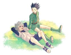 Rule 34 | 2boys, black hair, blue eyes, child, closed eyes, dated, full body, gon freecss, green footwear, green jacket, green shorts, highres, hunter x hunter, jacket, killua zoldyck, layered sleeves, long sleeves, looking at another, lying, male focus, multiple boys, on back, on grass, shirt, short hair, short over long sleeves, short sleeves, shorts, simple background, sitting, smile, spiked hair, white background, white hair, white shirt, yanxy114