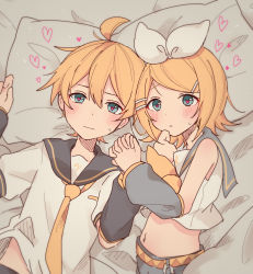 Rule 34 | 1boy, 1girl, aqua eyes, bass clef, bed sheet, blonde hair, blush, bow, detached sleeves, hair bow, hair ornament, hairclip, heart, heart-shaped pupils, holding hands, incest, interlocked fingers, kagamine len, kagamine rin, lying, midriff, midriff peek, navel, necktie, nervous, on back, on bed, on side, pillow, sailor collar, sazanami (ripple1996), sketch, sweatdrop, symbol-shaped pupils, treble clef, vocaloid, yellow necktie