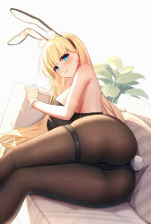 Rule 34 | 1girl, absurdres, animal ears, ass, azur lane, bare shoulders, black hairband, black leotard, blonde hair, blue eyes, blunt bangs, blush, breasts, cameltoe, cleft of venus, closed mouth, couch, fake animal ears, fake tail, feet out of frame, hairband, heart, heart-shaped pupils, highres, laoan, large breasts, leotard, long hair, looking at viewer, lying, north carolina (azur lane), north carolina (the heart&#039;s desire) (azur lane), official alternate costume, on couch, on side, pantyhose, pillow, plant, playboy bunny, potted plant, rabbit ears, rabbit tail, sideboob, skindentation, smile, solo, strapless, strapless leotard, symbol-shaped pupils, tail, thigh strap, very long hair, wrist cuffs