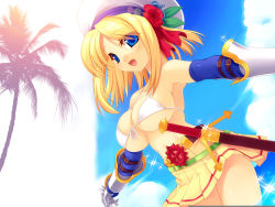 Rule 34 | 1girl, armor, armpits, bare shoulders, belt, bikini, bikini top only, blonde hair, blue eyes, blue sky, blush, breasts, cloud, elbow gloves, female focus, flower, front-tie top, gauntlets, gloves, hair flower, hair ornament, hat, highres, kinoshita ichi, large breasts, legs, long hair, lord knight (ragnarok online), miniskirt, ocean, open mouth, palm tree, pleated skirt, ragnarok online, sideboob, skirt, sky, smile, solo, sparkle, strap gap, striped clothes, striped skirt, swimsuit, sword, thighs, tree, underboob, wading, water, weapon, yellow skirt