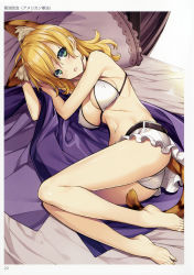 Rule 34 | 1girl, absurdres, animal ears, aqua eyes, ass, bare shoulders, barefoot, belt, bikini, bikini skirt, blonde hair, breasts, cat tail, cleavage, covered erect nipples, fake animal ears, feet, highres, looking at viewer, lying, navel, on side, open mouth, original, pillow, scan, short hair, swimsuit, tail, toes, toranoana