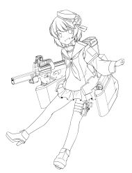 Rule 34 | 1girl, black ribbon, bullpup, commentary request, dixie cup hat, double bun, full body, greyscale, grin, gun, hair bun, hat, highres, holstered, kantai collection, lineart, long sleeves, looking at viewer, machinery, military hat, miniskirt, monochrome, neckerchief, p90, personal defense weapon, pleated skirt, ribbon, sailor collar, samuel b. roberts (kancolle), school uniform, sekino takehiro, serafuku, skirt, sleeve cuffs, smile, solo, submachine gun, suppressor, thigh strap, weapon, white hat