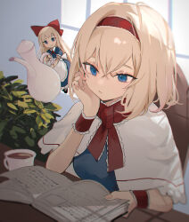 Rule 34 | 2girls, absurdres, alice margatroid, blonde hair, blue eyes, cup, expressionless, headband, highres, holding, holding teapot, kani nyan, multiple girls, plant, reading, red headband, shanghai doll, short hair, smile, tea, teacup, teapot, touhou, window