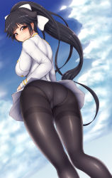 Rule 34 | 1girl, absurdres, ass, azur lane, black hair, bow, breasts, brown eyes, cloud, day, from behind, from below, hair bow, highres, large breasts, long hair, long sleeves, miniskirt, outdoors, panties, panties under pantyhose, pantyhose, ponponmaru, ponytail, sky, solo, takao (azur lane), thighband pantyhose, underwear, very long hair, white bow