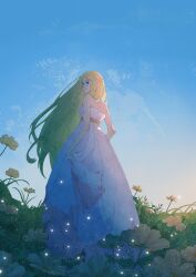 Rule 34 | 1girl, bare arms, bare shoulders, blonde hair, blue eyes, breasts, closed mouth, commentary, day, dress, english commentary, field, fireflies, floating hair, flower, flower field, from behind, highres, light particles, long hair, long sleeves, looking to the side, medium breasts, nature, nintendo, outdoors, parted bangs, pointy ears, princess zelda, skirt hold, sky, solo, standing, strapless, strapless dress, the legend of zelda, the legend of zelda: breath of the wild, very long hair, white dress, yangyaozigo, yellow flower