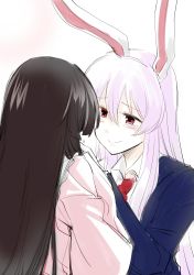 Rule 34 | 2girls, animal ears, bad id, bad twitter id, black hair, blazer, blush, comforting, commentary request, crying, eyebrows, hair between eyes, hand up, highres, hime cut, houraisan kaguya, jacket, light purple hair, long hair, long sleeves, looking at another, mana (gooney), multiple girls, necktie, purple hair, rabbit ears, red eyes, red necktie, reisen udongein inaba, shirt, simple background, sketch, smile, tears, touhou, unbuttoned, unbuttoned shirt, very long hair, white background, white shirt, yuri
