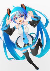 Rule 34 | 1girl, :d, arms up, bare shoulders, black footwear, black skirt, black sleeves, black thighhighs, blue eyes, blue hair, blue necktie, boots, breasts, character name, collared shirt, commentary request, detached sleeves, full body, grey background, hair between eyes, hatsune miku, highres, long hair, long sleeves, looking at viewer, mamagogo (gomaep), medium breasts, necktie, open mouth, pleated skirt, purple hair, shirt, simple background, skirt, sleeveless, sleeveless shirt, smile, solo, standing, standing on one leg, thigh boots, thighhighs, tie clip, very long hair, vocaloid, white shirt, wide sleeves