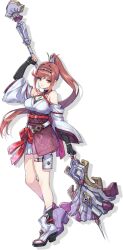 Rule 34 | 1girl, breasts, cleavage, core crystal (xenoblade), full body, glimmer (xenoblade), gloves, highres, holding, holding polearm, holding weapon, japanese clothes, kimono, large breasts, obi, official art, polearm, red eyes, red hair, saitou masatsugu, sash, simple background, smile, spear, thigh strap, thighs, weapon, white background, white kimono, wide sleeves, xenoblade chronicles (series), xenoblade chronicles 3, xenoblade chronicles 3: future redeemed
