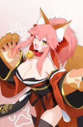 Rule 34 | 1girl, animal ear fluff, animal ears, animal hands, ariyoshi gen, bare shoulders, bell, black thighhighs, blush, bow, breasts, cleavage, collar, collarbone, commission, detached sleeves, fang, fate/extra, fate/grand order, fate (series), fox ears, fox girl, fox tail, gloves, hair between eyes, hair bow, highres, japanese clothes, jingle bell, kimono, large breasts, long hair, looking at viewer, neck bell, obi, one eye closed, open mouth, paw gloves, pink hair, ponytail, red bow, red kimono, sash, sidelocks, skeb commission, smile, solo, tail, tamamo (fate), tamamo cat (fate), tamamo cat (first ascension) (fate), tassel, thighhighs, thighs, wide sleeves, yellow eyes
