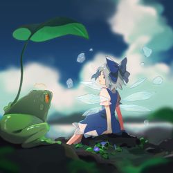 Rule 34 | 1girl, animal, arm support, blue dress, blue eyes, blue hair, blue sky, blurry, bow, breedo, cirno, cloud, depth of field, dress, floating, flower, frog, hair bow, highres, holding, holding leaf, ice, ice cube, ice wings, leaf, levitation, looking at another, morning glory, nature, outdoors, profile, rock, short hair, short sleeves, sitting, sitting on rock, sky, surprised, sweatdrop, touhou, wings