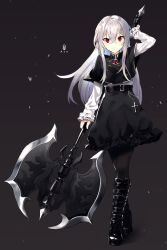Rule 34 | 1girl, arm up, axe, battle axe, belt, black footwear, black pantyhose, black skirt, boots, capelet, chamnaitu, cross, frilled sleeves, frills, full body, gem, grey background, hair between eyes, highres, holding, holding weapon, long hair, long sleeves, looking at viewer, open mouth, original, pantyhose, red eyes, shirt, skirt, solo, standing, weapon, white hair, white shirt