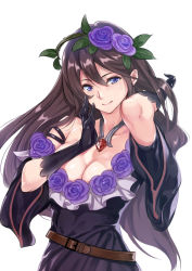 Rule 34 | 10s, 1girl, bare shoulders, belt, black gloves, breasts, brown hair, cleavage, dress, flower, gem, gloves, granblue fantasy, hair flower, hair ornament, hand on own face, jewelry, large breasts, long hair, looking at viewer, necklace, purple eyes, red gemstone, rosetta (granblue fantasy), smile, solo, white background, yamaishi (mukoubuti)