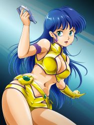 Rule 34 | 1girl, belt, blue eyes, blue hair, breasts, cleavage, commentary request, dirty pair, earrings, gloves, highres, jewelry, large breasts, long hair, midriff, navel, retro artstyle, short shorts, shorts, single glove, smile, solo, tamanegiinyo, weapon, yellow shorts, yuri (dirty pair)