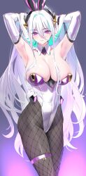 Rule 34 | 1girl, alternate costume, animal ears, arms up, azur lane, bare shoulders, black hairband, breasts, closed mouth, fishnet pantyhose, fishnets, hairband, highres, holding, holding hair, kearsarge (all night charge) (azur lane), kearsarge (azur lane), large breasts, leotard, long hair, looking at viewer, multicolored hair, official alternate costume, pantyhose, playboy bunny, purple eyes, purple leotard, rabbit ears, rabbit tail, solo, strapless, tail, thigh strap, white hair, yd (orange maru)