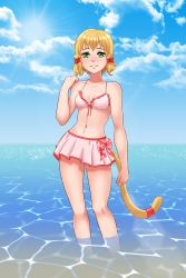 Rule 34 | 1girl, absurdres, bikini, blonde hair, breasts, cloud, collarbone, commentary, final fantasy, final fantasy ix, green eyes, highres, looking at viewer, medium breasts, mikoto (ff9), navel, pink bikini, short hair, skirt, small breasts, smile, solo, sunburst, swimsuit, tail, uichi 64, water