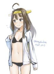 Rule 34 | 1girl, ahoge, bikini, black bikini, blush, brown eyes, brown hair, commentary request, dated, headband, kangoku kou, kantai collection, kongou (kancolle), long hair, looking away, navel, nervous, nervous smile, one-hour drawing challenge, open clothes, open shirt, shirt, smile, solo, standing, stomach, sweatdrop, swimsuit, twitter username, white background, white shirt