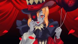 Rule 34 | 1girl, ace (playing card), ace of hearts, asymmetrical sleeves, balloon, card, clown, confetti, curtains, english text, envy baby (vocaloid), eyebrows, hat, heart, heart-shaped pupils, higurashi no naku koro ni, holding, holding balloon, holding card, long sleeves, looking at viewer, mismatched sleeves, neck ruff, parody, playing card, puffy long sleeves, puffy sleeves, red curtains, red eyes, red theme, ryuuguu rena, solo, song name, stage, stage curtains, symbol-shaped pupils, teeth, tongue, tongue out, tonogai yoshiki, top hat, vocaloid