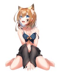 Rule 34 | 1girl, animal ear fluff, animal ears, arms between legs, asobineko (neko irastonyan), bare shoulders, between legs, bikini, black bikini, black sleeves, blue eyes, breasts, brown hair, cleavage, collarbone, commentary request, commission, detached sleeves, earrings, eyes visible through hair, facial mark, fang, full body, hair between eyes, hand between legs, highres, jewelry, looking at viewer, medium breasts, medium hair, navel, open mouth, original, second-party source, shoulder strap, simple background, sitting, skeb commission, skin fang, smile, solo, star (symbol), star facial mark, swimsuit, v arms, wariza, white background, wide sleeves