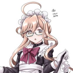 Rule 34 | 1girl, alternate costume, apron, blonde hair, double bun, enmaided, glasses, gloves, green-framed eyewear, hair bun, kantai collection, long sleeves, maid, maid apron, maid headdress, makigumo (kancolle), simple background, solo, tk8d32, twintails, upper body, white apron, white background, white gloves, yellow eyes