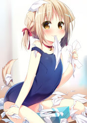 Rule 34 | 1girl, animal ears, arched back, bare arms, bare shoulders, blue one-piece swimsuit, blurry, blurry background, blush, breasts, brown eyes, closed mouth, collar, covered navel, depth of field, dog ears, dog girl, dog tail, hair ribbon, hanamiya natsuka, hand up, holding, light brown hair, looking at viewer, mouth hold, on floor, one-piece swimsuit, original, red collar, red ribbon, ribbon, school swimsuit, sidelocks, small breasts, smile, solo, strap slip, swimsuit, tail, tail raised, tissue box, twintails, wooden floor