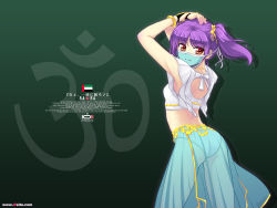 Rule 34 | 1girl, arabian clothes, ass, back cutout, bracelet, clothing cutout, dlsite.com, english text, flag, from behind, highres, jewelry, mouth veil, original, panties, purple hair, rara (you haruka), red eyes, see-through, short hair, solo, twintails, underwear, united arab emirates, veil, wallpaper, you haruka