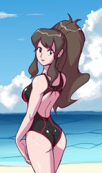 Rule 34 | 10s, 1girl, alternate color, alternate eye color, beach, black eyes, breasts, brown hair, cloud, competition swimsuit, creatures (company), deadmoon (kein2002), female focus, game freak, hilda (pokemon), long hair, looking at viewer, looking back, nintendo, ocean, one-piece swimsuit, outdoors, pokemon, pokemon bw, ponytail, shiny clothes, shiny skin, sky, solo, swimsuit, water