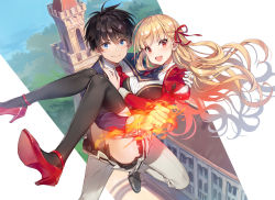 Rule 34 | 1boy, 1girl, ass, black thighhighs, blonde hair, blue eyes, blue sky, building, carrying, cover, cover page, day, flaming hand, gloves, grey pants, hand on own chest, high heels, magic, mmu, neckerchief, novel cover, official art, open mouth, pants, princess carry, red eyes, red footwear, red neckerchief, red ribbon, ribbon, single glove, sky, smile, thighhighs, tower, white gloves
