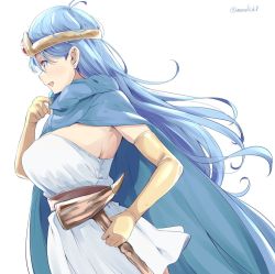 Rule 34 | 1girl, blue cape, blue hair, breasts, cape, dragon quest, dragon quest iii, elbow gloves, gloves, hair between eyes, hand up, holding, holding staff, kichihachi, large breasts, long hair, open mouth, profile, red eyes, sage (dq3), silver hair, solo, staff, twitter username, white background, yellow gloves
