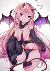 Rule 34 | 1girl, ahoge, bare shoulders, black collar, black gloves, black panties, bracelet, breasts, cisyo, cleavage, collar, commission, covered navel, demon girl, demon horns, demon tail, demon wings, detached collar, elbow gloves, eyebrows hidden by hair, foreshortening, gloves, grey background, groin, hair between eyes, hair ornament, heart, heart-shaped pupils, highres, holding strap, horns, jewelry, large breasts, leg up, long hair, looking at viewer, open mouth, original, panties, pink eyes, pink hair, pinstripe legwear, pinstripe pattern, pubic tattoo, sideboob, sidelocks, simple background, sitting, skeb commission, smile, solo, strap pull, striped, symbol-shaped pupils, tail, tattoo, taut clothes, thighs, twisted torso, twitter username, underwear, very long hair, white background, wings