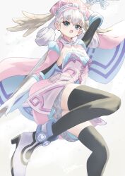 Rule 34 | 1girl, 2girls, black thighhighs, blue eyes, breasts, cape, dress, foot out of frame, gloves, head wings, highres, holding, holding staff, melia antiqua, multiple girls, open mouth, short dress, small breasts, solo, staff, strapless, strapless dress, takahashi hizumi, thighhighs, white footwear, white gloves, wings, xenoblade chronicles (series), xenoblade chronicles 1