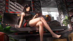 Rule 34 | 1girl, absurdres, arknights, arm support, bare arms, bare legs, bare shoulders, barefoot, belt, black dress, black hair, box, breasts, cardboard box, chalkboard, crossed legs, dagger, demon horns, dress, feet, foot out of frame, hand up, highres, holding, holding dagger, holding knife, holding weapon, horns, indoors, ines (arknights), knife, large breasts, legs, light particles, ling dianxia, long hair, monitor, multicolored hair, nail polish, plant, potted plant, red hair, red nails, rhodes island logo (arknights), short dress, sitting, sleeveless turtleneck dress, solo, streaked hair, thigh strap, toes, turtleneck, turtleneck dress, weapon, yellow eyes