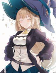 Rule 34 | +++, 1girl, aizawa azusa, ascot, black robe, blonde hair, blue hat, blue skirt, blush, braid, breasts, cleavage, closed eyes, closed mouth, collar, commentary, detached collar, frilled skirt, frills, hands on own hips, hat, highres, juliet sleeves, keenh, long hair, long sleeves, medium breasts, open clothes, open robe, pleated skirt, puffy sleeves, robe, shirt, simple background, skirt, slime taoshite 300 nen shiranai uchi ni level max ni nattemashita, solo, sparkle, translation request, v-shaped eyebrows, very long hair, white background, white collar, white shirt, wide sleeves, wing collar, witch hat, yellow ascot