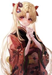 Rule 34 | 1girl, absurdres, alternate costume, black flower, blush, chiachun0621, closed mouth, earrings, ereshkigal (fate), fate/grand order, fate (series), flower, hair flower, hair ornament, hair ribbon, highres, holding, holding paper, japanese clothes, jewelry, kimono, long hair, looking at viewer, obi, paper, parted bangs, red eyes, red kimono, red ribbon, ribbon, sash, simple background, smile, solo, two side up, very long hair, white background, wide sleeves, yukata