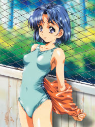 Rule 34 | 1girl, absurdres, armpits, bishoujo senshi sailor moon, blue eyes, blue hair, blue one-piece swimsuit, cameltoe, chain-link fence, cowboy shot, fence, highres, kawarajima kou, mizuno ami, one-piece swimsuit, outdoors, school swimsuit, short hair, smile, solo, standing, swimsuit, undressing