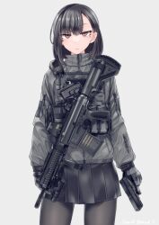 Rule 34 | 1girl, battle rifle, closed mouth, commentary request, cowboy shot, desert (desel 1), expressionless, gloves, grey background, gun, h&amp;k hk417, handgun, highres, holding, holding gun, holding weapon, load bearing vest, long sleeves, looking at viewer, mole, mole under eye, original, pleated skirt, rifle, short hair, simple background, skirt, solo, twitter username, weapon