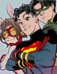Rule 34 | 3boys, animal ears, aqua eyes, bart allen, black hair, blank eyes, blue background, bodysuit, brown hair, crossed arms, curly hair, dc comics, earrings, eyelashes, fingerless gloves, gloves, goggles, hand on own chin, impulse, jewelry, kon-el, lips, looking down, male focus, messy hair, multiple boys, muscular, parted lips, rabbit ears, red gloves, ricken, robin (dc), signature, simple background, skin tight, superboy, superhero costume, tim drake, young justice