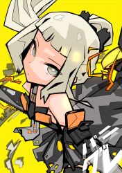 Rule 34 | 1girl, absurdres, bare arms, bare shoulders, black dress, chainsword, chest protector, dress, flat chest, from above, grey eyes, grey hair, highres, holding, holding sword, holding weapon, mechanical arms, nanami: pulse (punishing: gray raven), nanami (punishing: gray raven), ponytail, punishing: gray raven, sidelocks, solo, sword, watasi ch3, weapon, yellow background