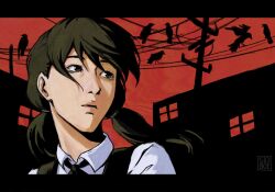 Rule 34 | 1girl, bird, black eyes, black hair, chainsaw man, closed mouth, collared shirt, crow, eyebrows, eyelashes, female focus, hair between eyes, hair tie, highres, letterboxed, lips, long hair, looking to the side, mitaka asa, necktie, pale skin, ponytail, power lines, red sky, shirt, signature, sioboi, sky, solo, white shirt, window