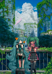 Rule 34 | 2girls, absurdres, black skirt, black thighhighs, blue hair, bokura mada underground, bow, bowtie, clothes pin, commentary request, detached sleeves, dual persona, green eyes, green hair, hatsune miku, headphones, headphones around neck, highres, leo/need (project sekai), leo/need miku, long hair, long sleeves, luggage, multicolored hair, multiple girls, overgrown, pink bow, pink bowtie, pink hair, plaid, post-apocalypse, project sekai, railing, road sign, ruins, safety pin, school uniform, short sleeves, sign, skirt, streaked hair, thighhighs, turu, very long hair, vocaloid