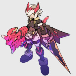 Rule 34 | 1other, armor, black armor, black footwear, boots, cropped jacket, degarashi (ponkotsu), dragon: marked for death, empress (dmfd), holding, holding sword, holding weapon, mega man (series), mega man zx, multiple heads, power armor, red eyes, short hair, simple background, sketch, solo, sword, weapon, white background, white hair, white helmet