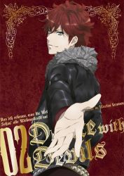 Rule 34 | 10s, 1boy, blue eyes, dance with devils, highres, hood, hoodie, looking at viewer, male focus, official art, outstretched hand, red hair, short hair, smile, solo, tachibana lindo, text focus
