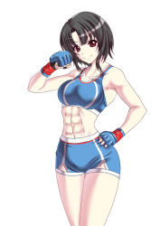 Rule 34 | 1girl, abs, bike shorts, black hair, fingerless gloves, gloves, kantai collection, looking at viewer, midriff, muscular, muscular female, navel, red eyes, rigid, rigidsteed, short hair, shorts, simple background, sports bra, takao (kancolle), thighs, toned, white background