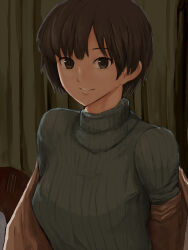 Rule 34 | 1girl, aged up, alternate hair length, alternate hairstyle, amagami, ayatsuji tsukasa, black hair, breasts, brown eyes, brown jacket, casual, close-up, closed mouth, commentary, curtains, grey sweater, highres, indoors, jacket, large breasts, light smile, long sleeves, looking at viewer, off shoulder, ribbed sweater, saitou shouki, short hair, smile, solo, sweater, turtleneck, turtleneck sweater, upper body, very short hair